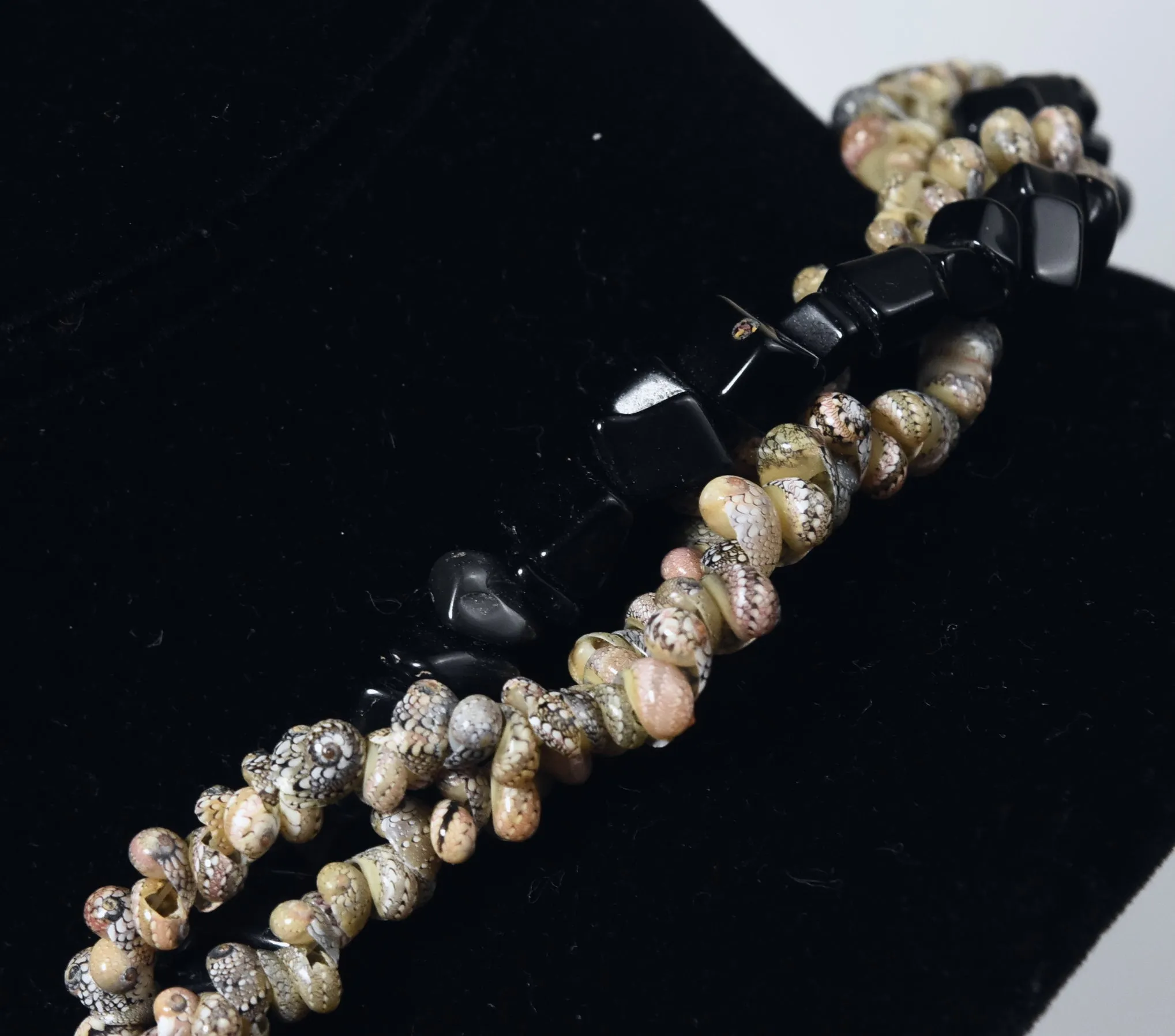 Triple Strand Shell and Black Onyx Necklace with Black Onyx Pendant