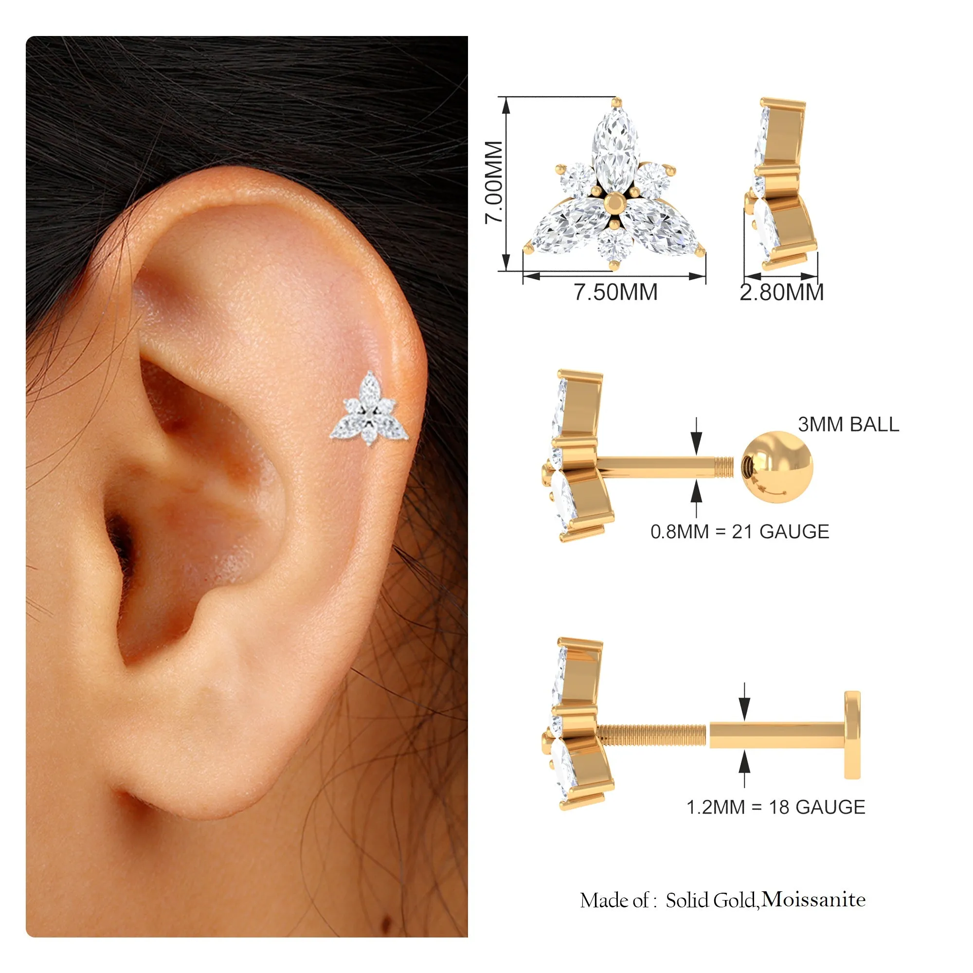 Unique Marquise Moissanite Floral Helix Earring