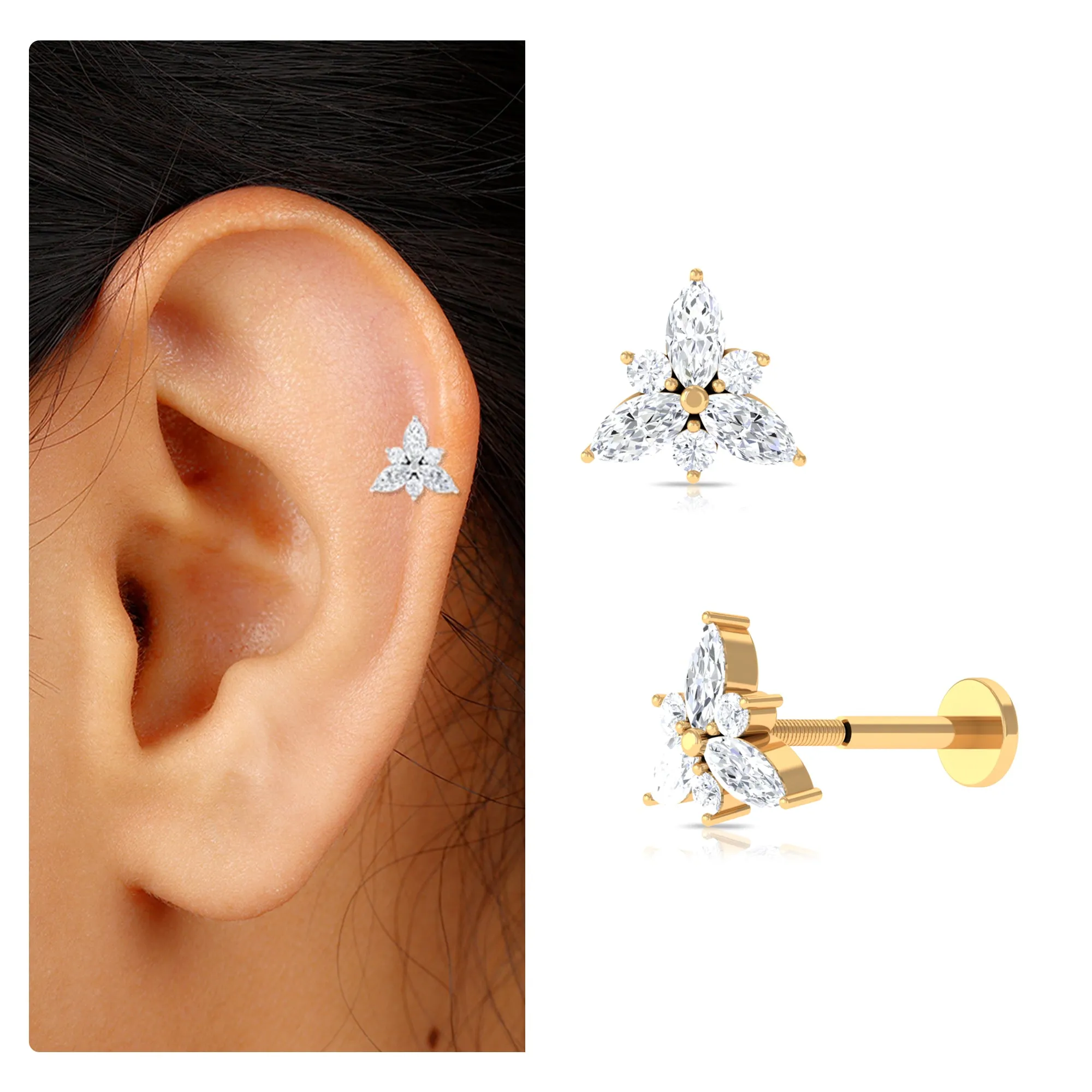 Unique Marquise Moissanite Floral Helix Earring