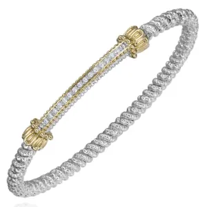 Vahan Sterling Silver & Yellow Gold Thin Diamond Long Pave Bar Bangle Bracelet