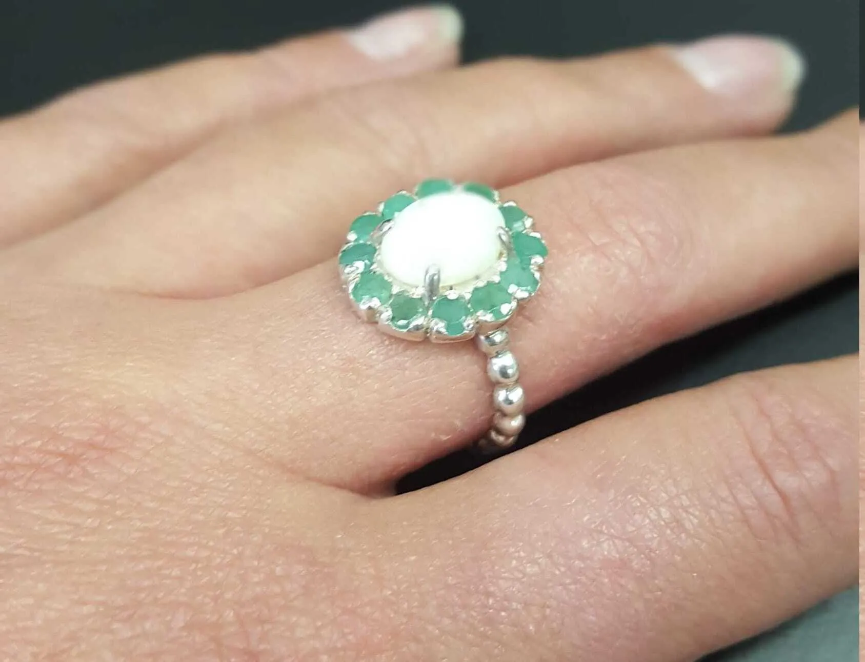 Victorian Opal Ring - Flower Opal Ring - Large Emerald Ring