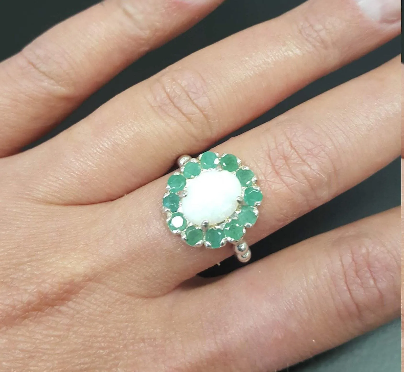 Victorian Opal Ring - Flower Opal Ring - Large Emerald Ring