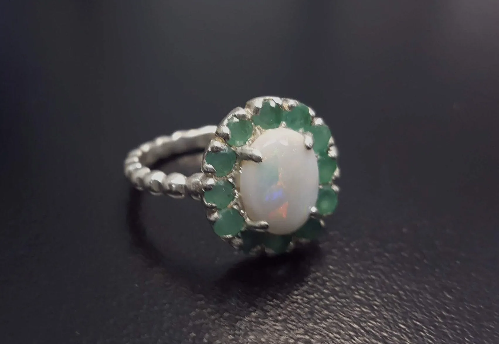 Victorian Opal Ring - Flower Opal Ring - Large Emerald Ring