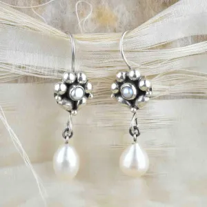 Vintage Silver Flower Pearl Dangle Earrings