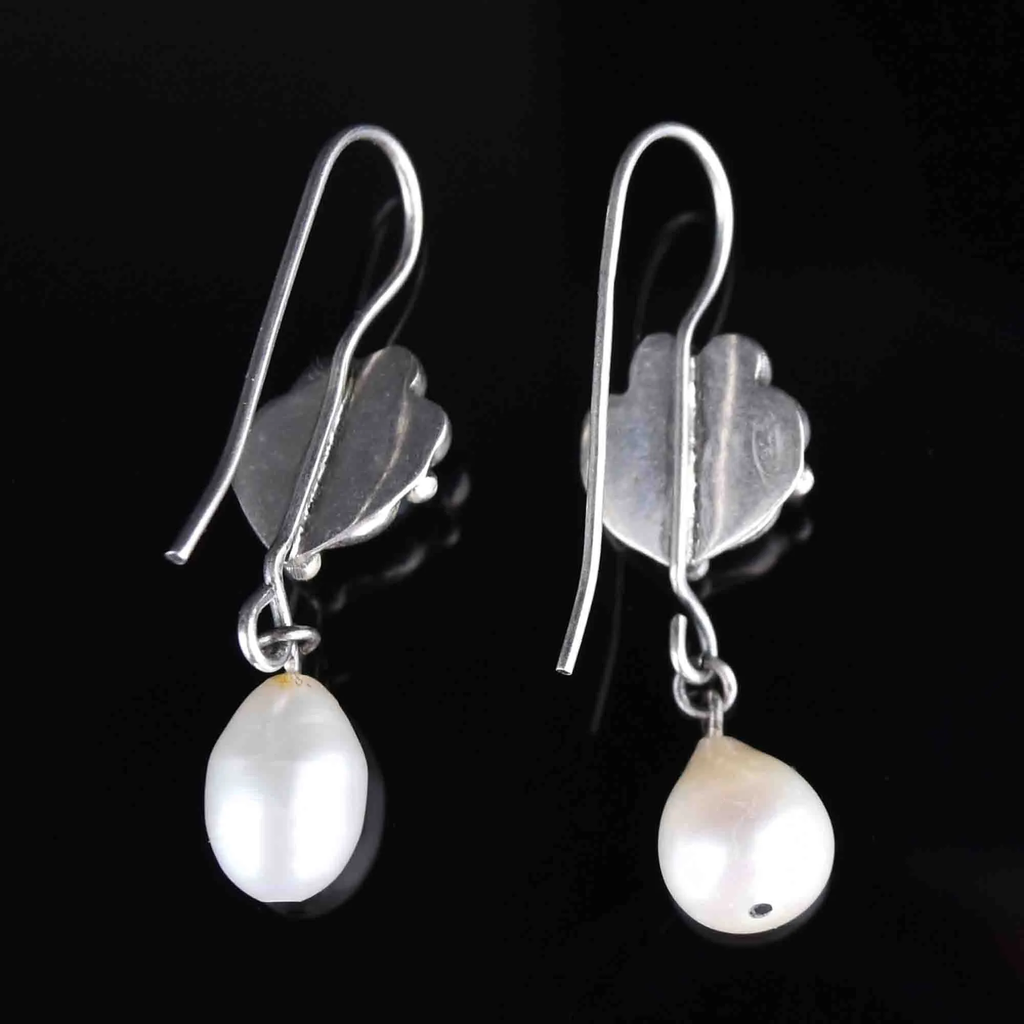 Vintage Silver Flower Pearl Dangle Earrings