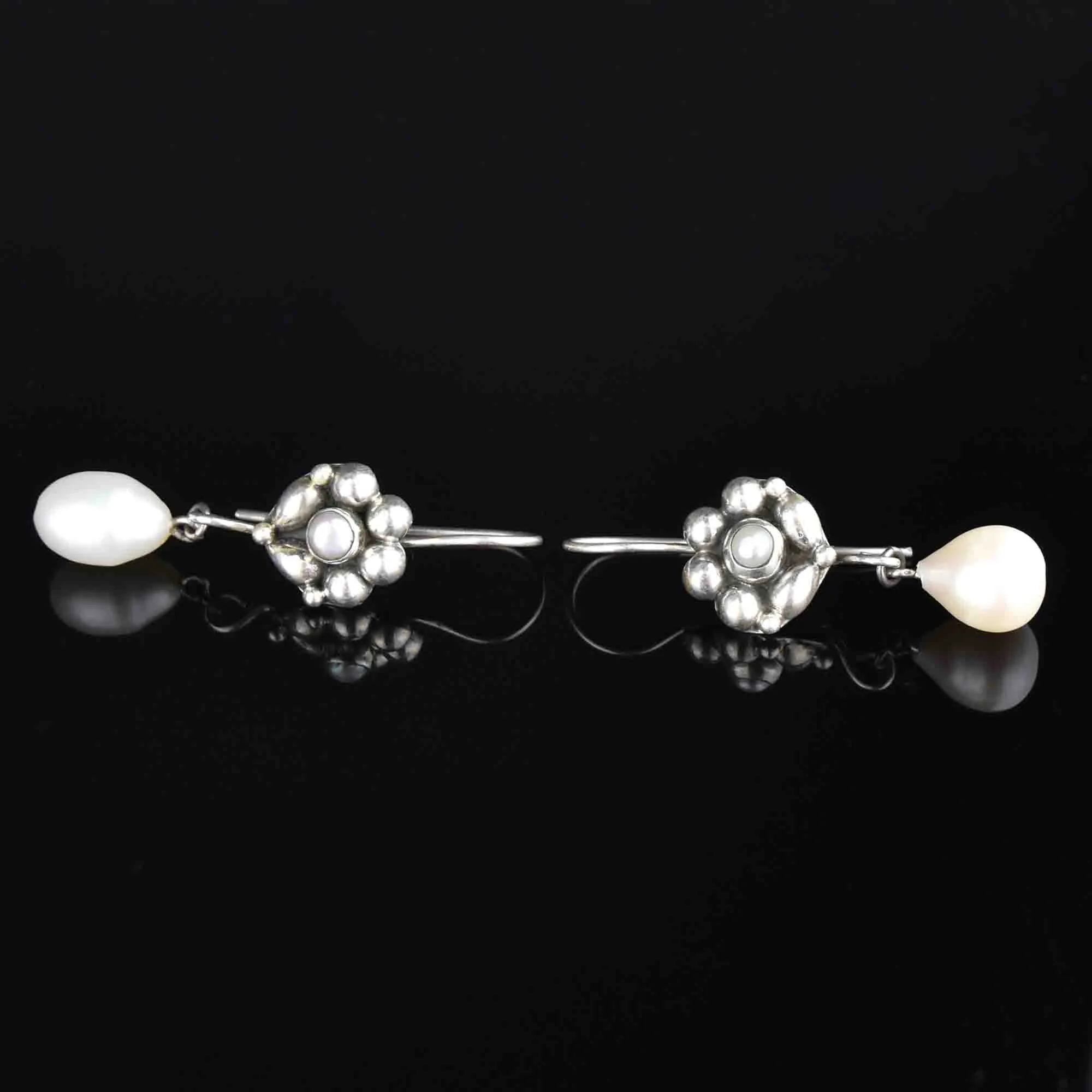 Vintage Silver Flower Pearl Dangle Earrings