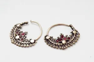 Vintage Small Silver Pashtun Hoop Earrings with Pink Paste