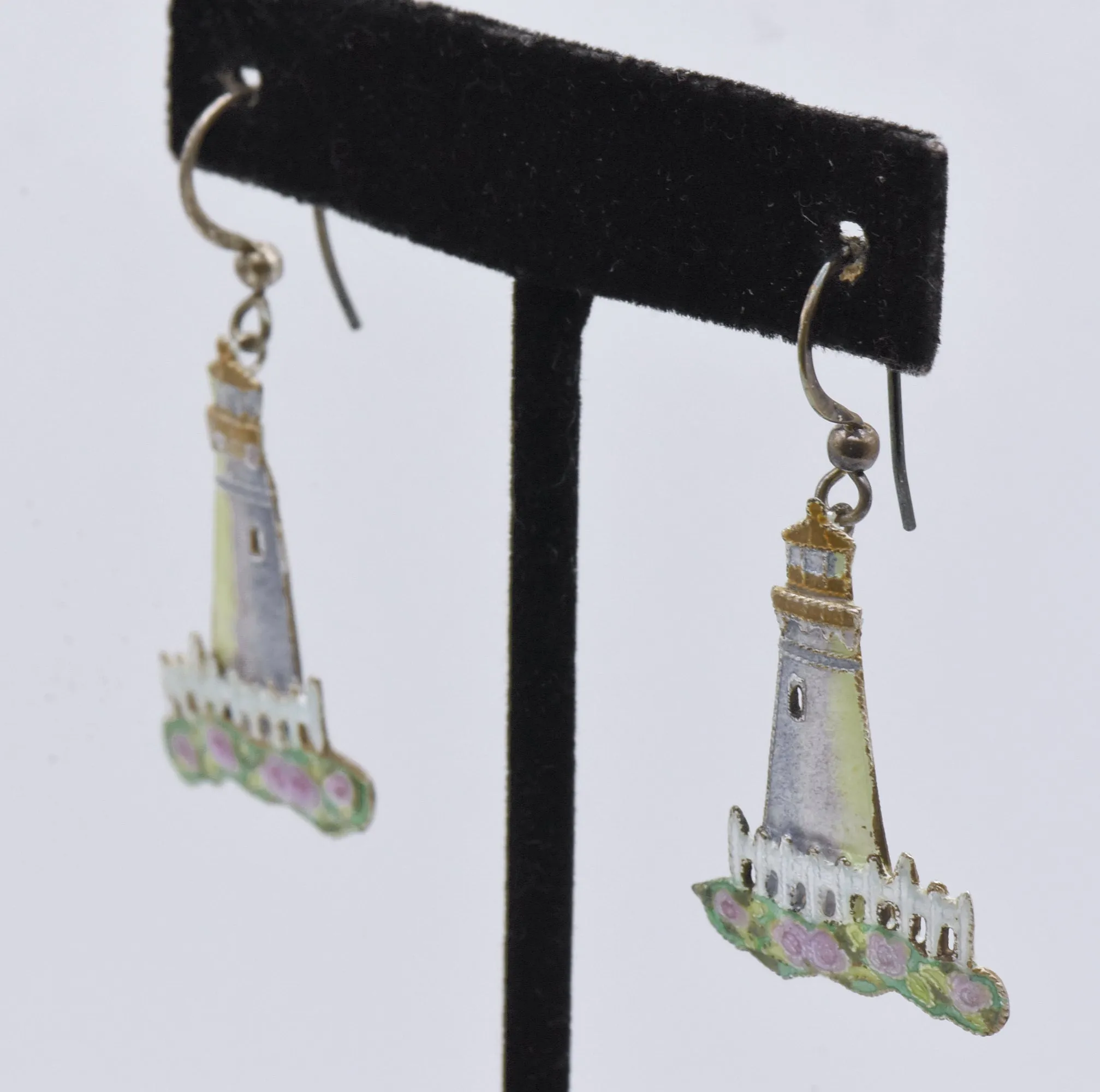 Vintage Sterling Silver Enameled Lighthouse Dangle Earrings