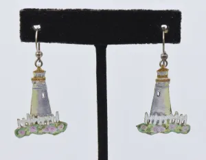 Vintage Sterling Silver Enameled Lighthouse Dangle Earrings