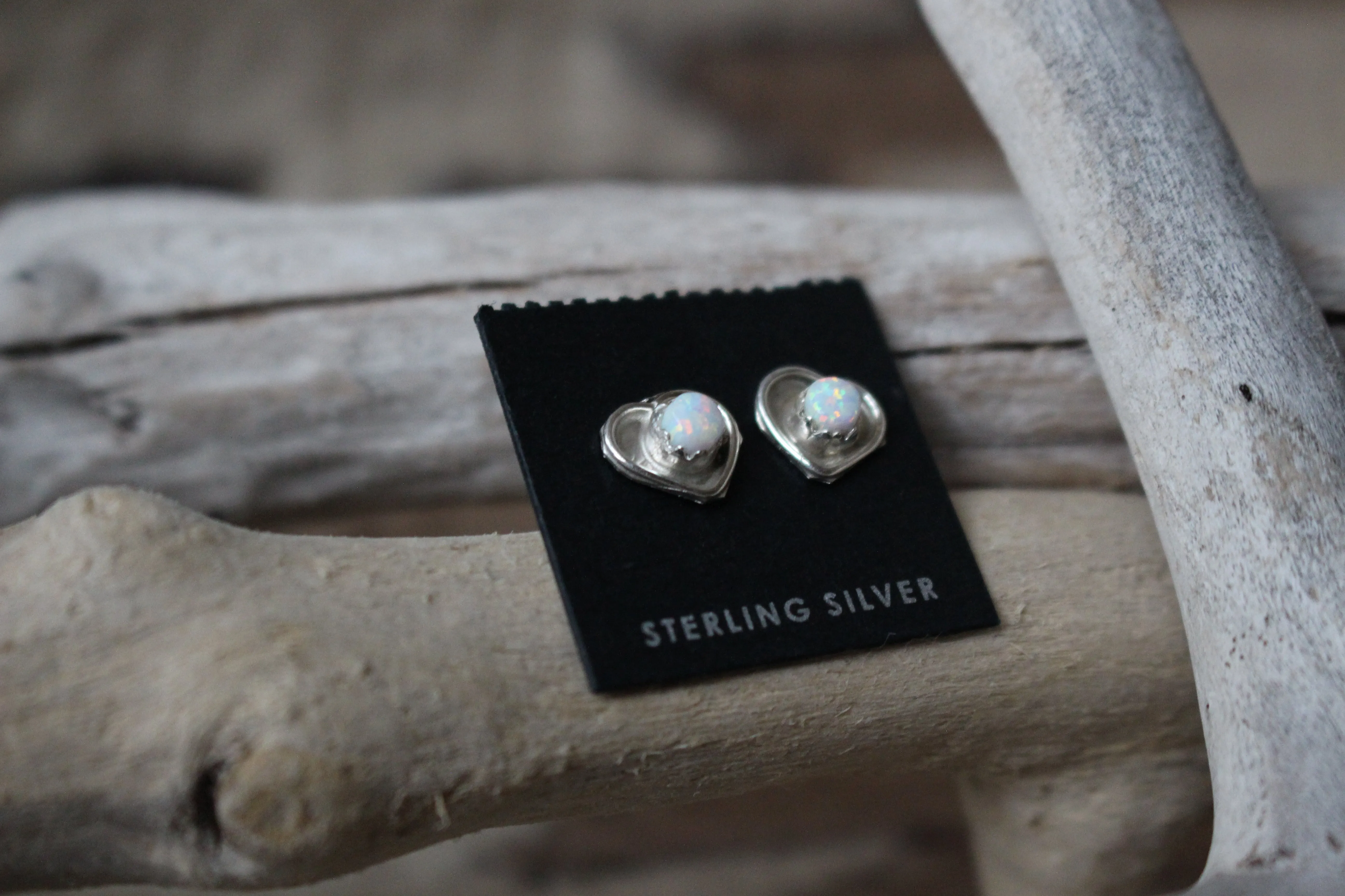 White Opal Heart Studs