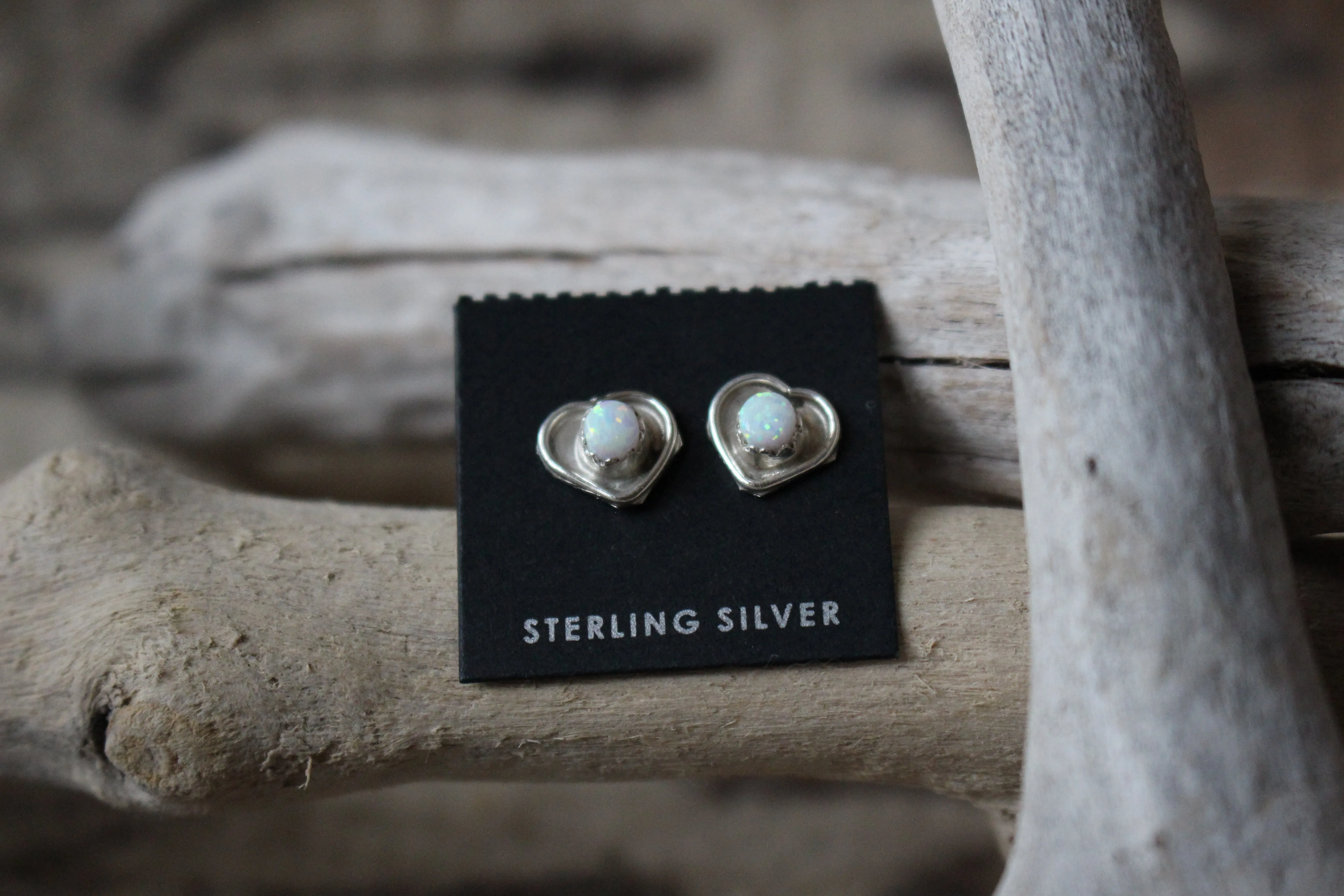 White Opal Heart Studs