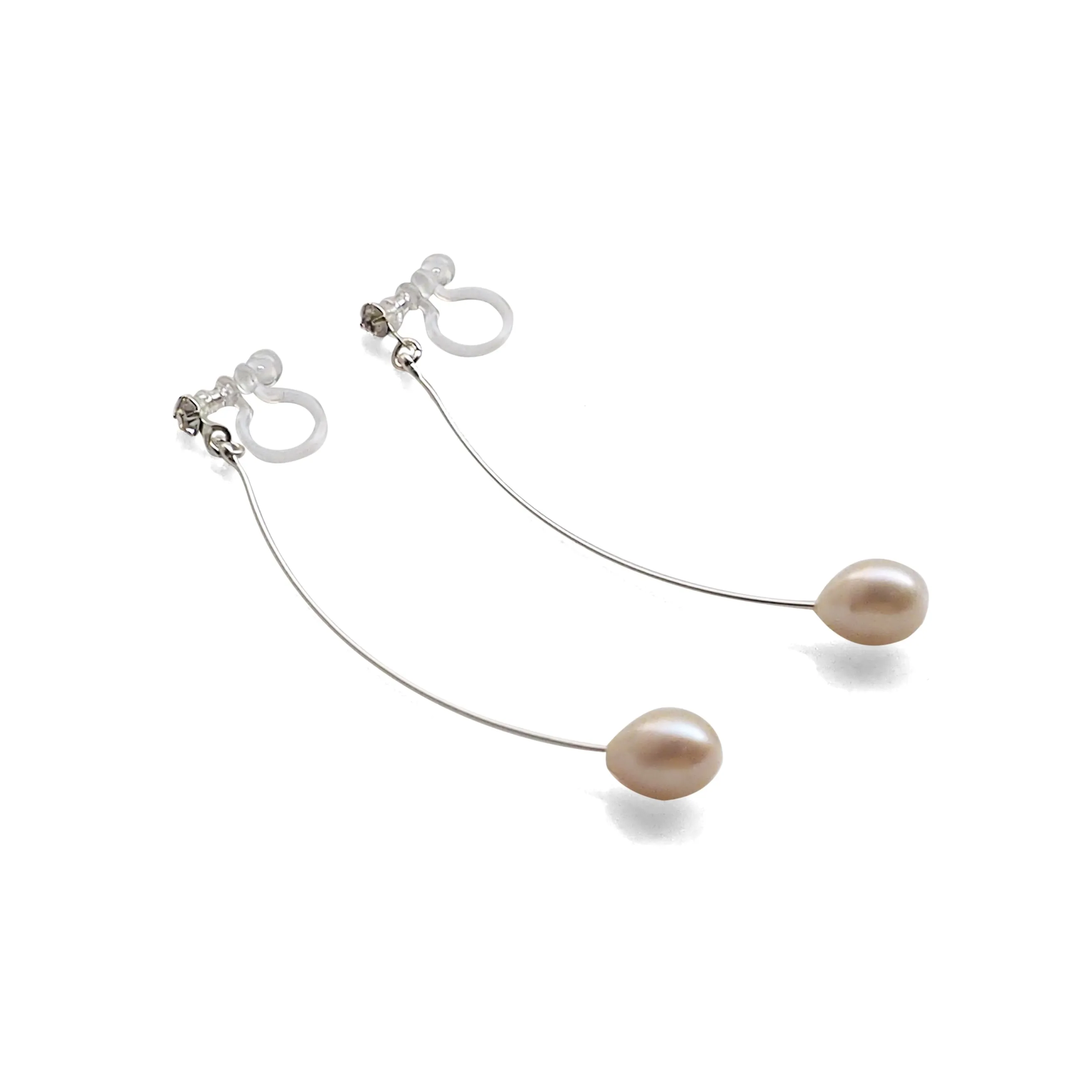 White Teardrop Freshwater Pearl Invisible Clip On Earrings (Silver tone Wave Bar)