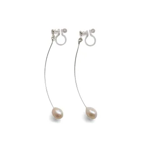 White Teardrop Freshwater Pearl Invisible Clip On Earrings (Silver tone Wave Bar)