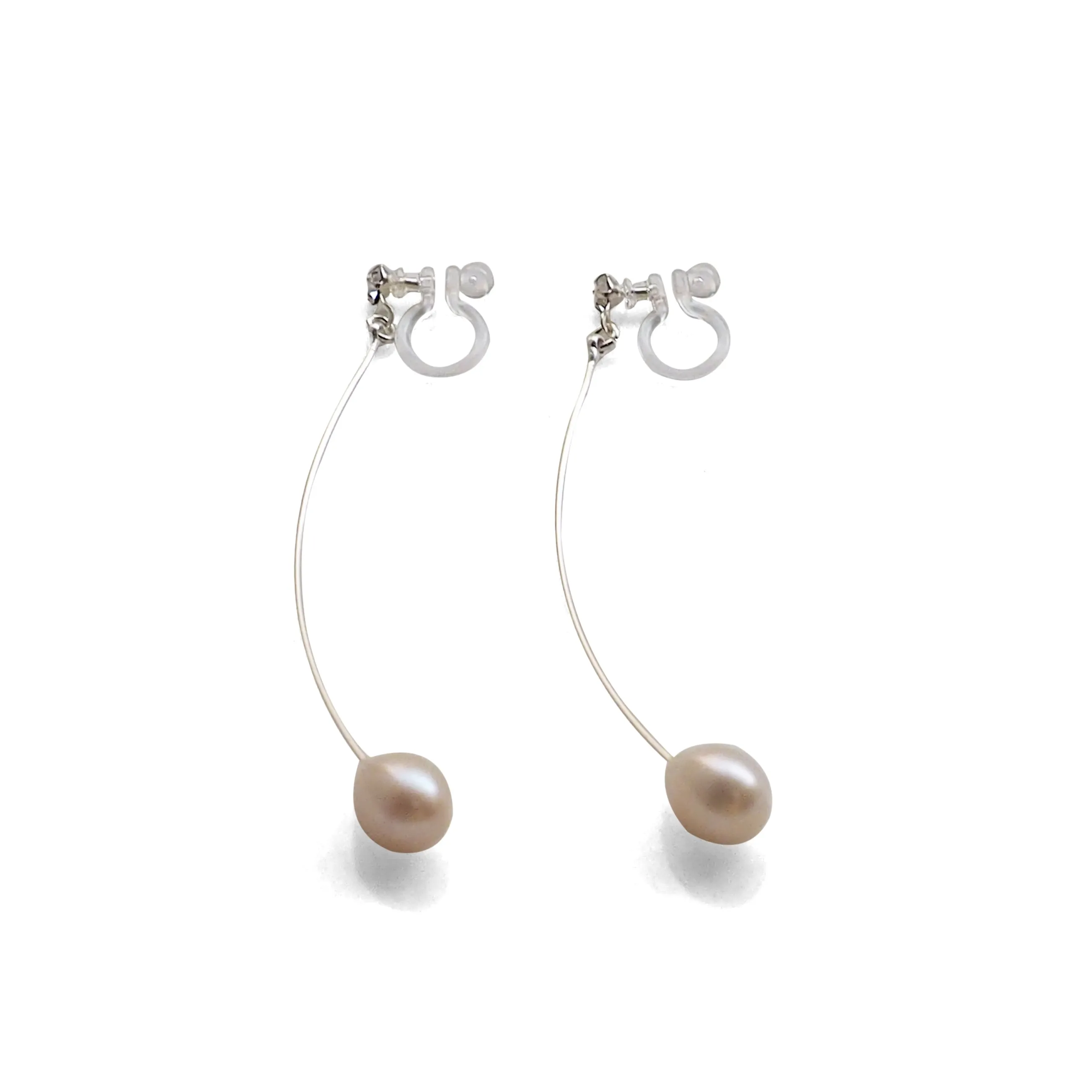 White Teardrop Freshwater Pearl Invisible Clip On Earrings (Silver tone Wave Bar)