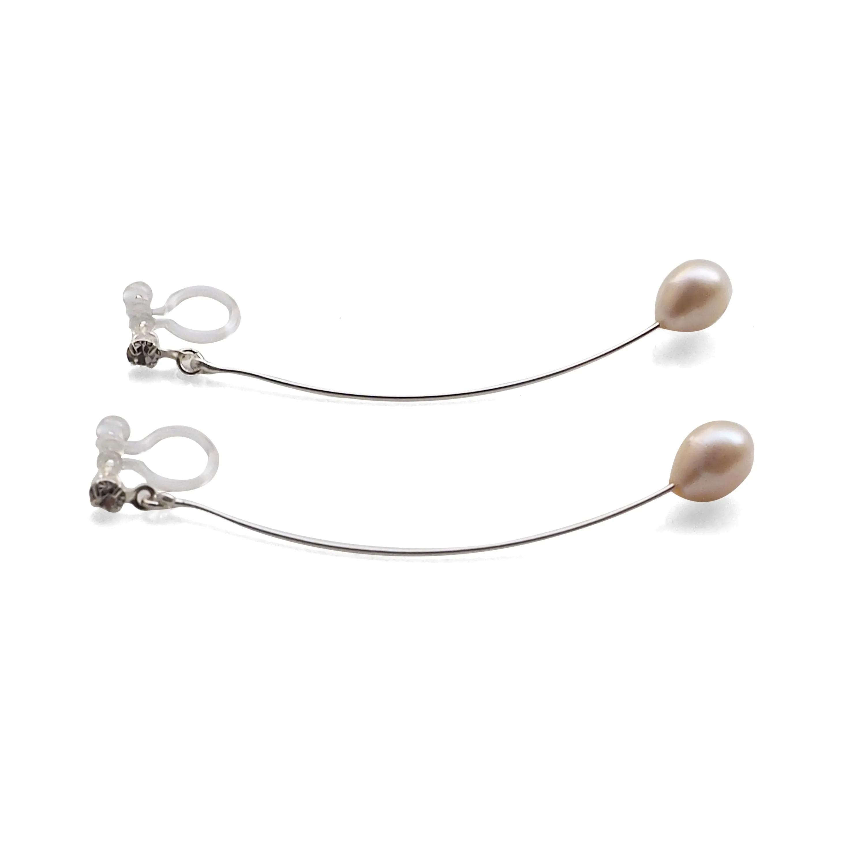 White Teardrop Freshwater Pearl Invisible Clip On Earrings (Silver tone Wave Bar)