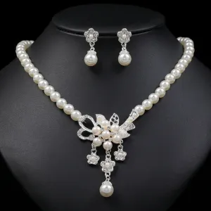 Women's Trendy Rhinestone Pearl Flower Pendant Necklace and Earrings Wedding Jewelry Set