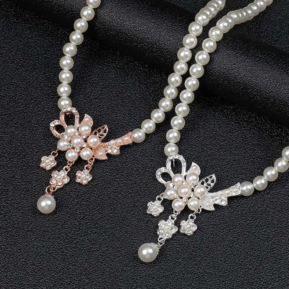 Women's Trendy Rhinestone Pearl Flower Pendant Necklace and Earrings Wedding Jewelry Set