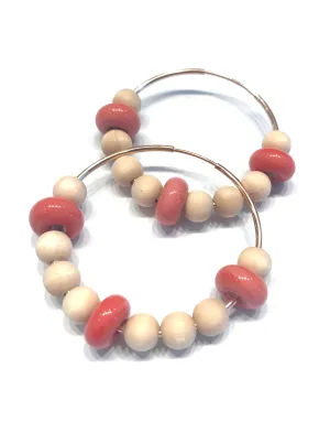 Wood And Coral Beaded Hoop Earrings